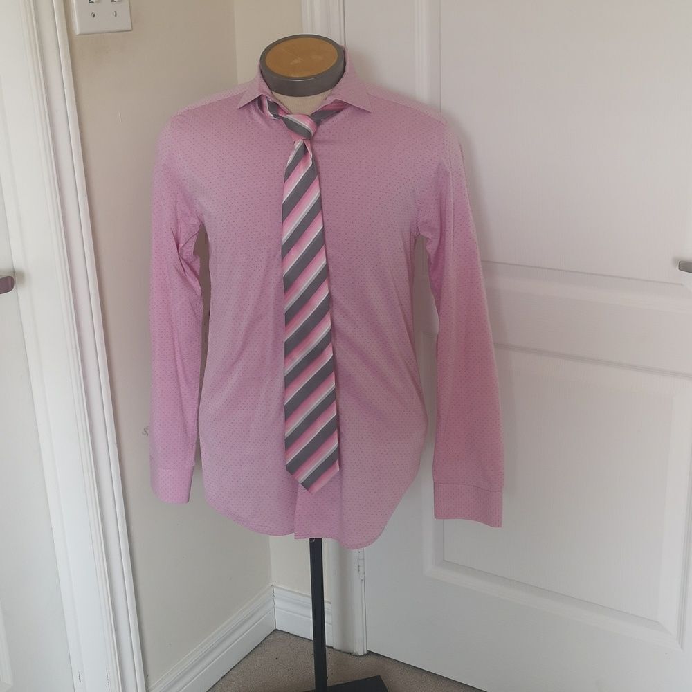 Strauss Men Button Down Shirt & Tie Combo Tie 100% Silk 14.5 Pink